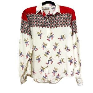 Vintage Floral Geometric ButtonUp Western Shirt Spring Top Sheer blouse Feminine